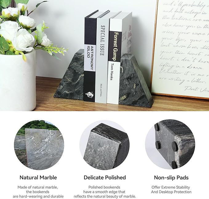 Karibiber Marble Bookends for Heavy Books, Decorative Book Ends for Shelves, Titanium Black Stone Durable and Heavy-Duty Book Ends for Hardback Books & CDS, Unique Book Stopper & Holder, Set of 2