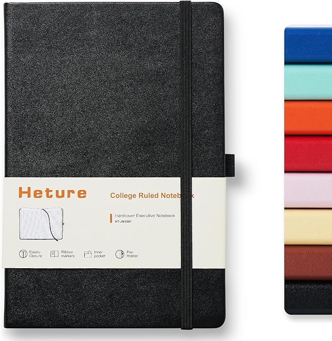 Heture Hardcover Notebooks, A5 Lined Journals Notebook for Writing 160 Pages, 8.2 x 5.5 inch, Classic Ruled Notebooks for College/Work/Travel (Black, 1 Pack)