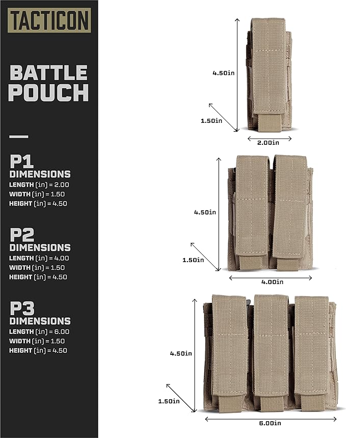 Tacticon P1 P2 P3 BattlePouch | Universal Pistol Mag Pouch | Combat Veteran Owned Company | Molle Single Double Triple Pistol Magazine Holster for Ammo | Tactical Bag Accessories Holder