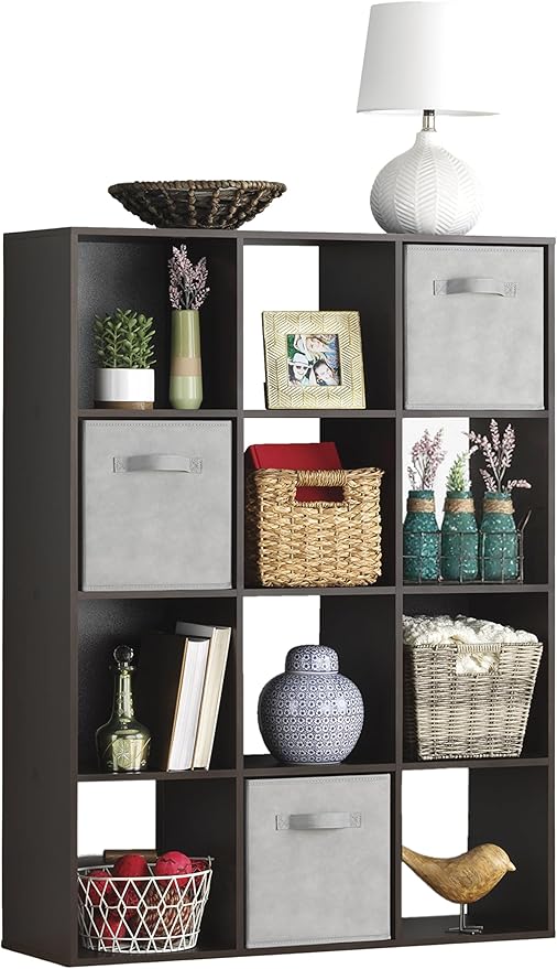 Whitmor 12 Cube Bookcase, 4 Tier Stackable MDF Bookself, Open Storage Display Organizer, Storage Cabinet for Living Room, Bedroom, Home, Office, 35.1" L x 11.7" W x 47.5" H, Espresso