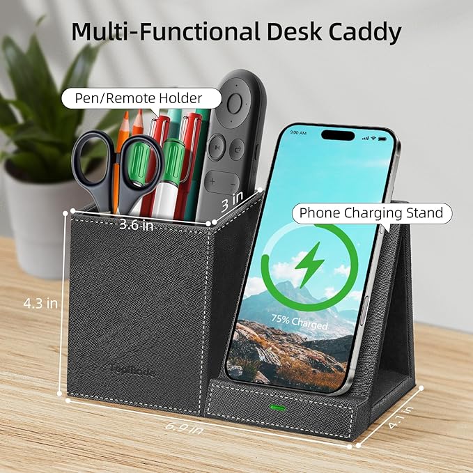TopMade Wireless Charger with Pen Pencil Holder, Leather Mltifunctional Desk Nightstand Organizer, Fast Charging Station Remote Control Holder, Office Supplies Desk Accessories, Gifts for Men(Black)