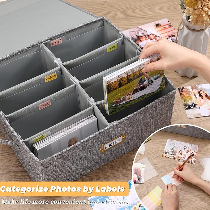 Erogeen Decorative Photo Storage Box with lid 4x6, 8 Inner Photo Organizer with Dividers, Memory Storage Box for Pictures, Stamps, Keepsakes (Gray)
