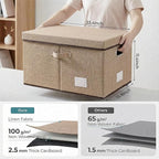 PRANDOM Storage Bins with Lids [3-Pack] Jute Fabric Foldable Storage Boxes Organizer Containers Baskets Cube with Cover for Home Bedroom Closet Office Nursery khaki（23.4X15.9X11.5