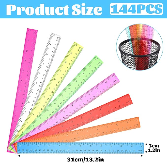 144 Pack 12 Inch Clear Plastic Rulers Bulk, Transparent Assorted Color Rulers with Inches and Centimeters for Classroom Office Supplies