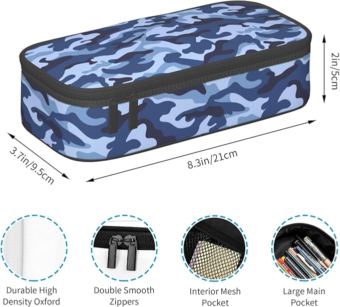YIJIUWKIS Kids Adults Camo Style Pencil Case Blue Pencil Box for Boys Men Girls Women, Portable Canvas Storage Pouch Marker Pen Organization Bag, Desk Office Organizer Travel Bag