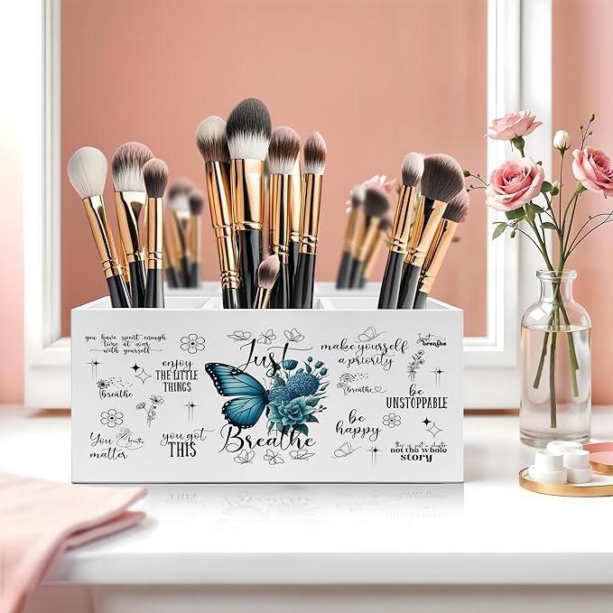 Exqcom Just Breathe Inspirational Pen Pencil Holder, Therapy Office Decor, Teal Butterfly Flower Mental Health Pencil Pen Holder Organizer for Home Counseling Office Desk Accessories