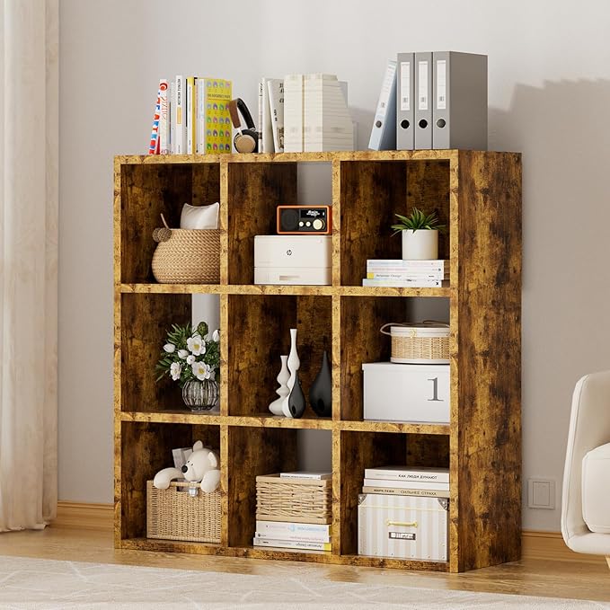 COMHOMA 9 Wood Cube Storage Organizer with Open Back and Removable Back Panels, 11In Brown Cube Storage Bookshelf, Cubicle Shelf Bookcase for Home Office Bedroom Living Room, Vertical or Horizontal
