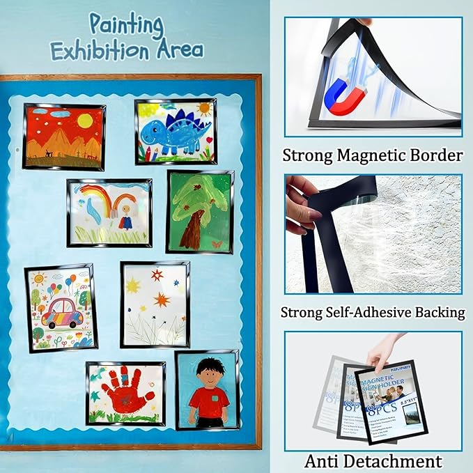Magnetic Sign Holders 8.5 x 11 in, 8 Pack Clear Display Frames with Strong Magnetic Border, Self-Adhesive for Smooth Surfaces, Wall Mount Tool-Free Document & Poster Holder for Menus, Notices, Photos