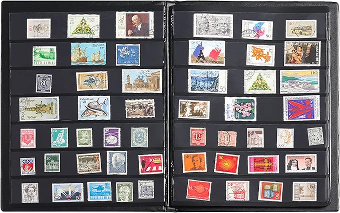 Stamp Albums 140 Pockets - Stockbooks with 35x197mm Sleeves, 10 Double Sided Black Page with Leatherette Padded Black Cover, Collection Storage Folder for Paper Money Postage Stamps AS0107BK
