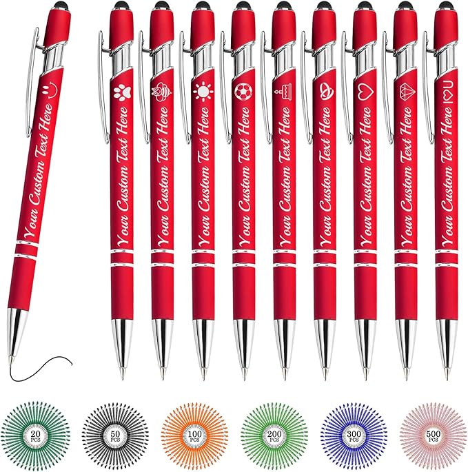 XJone Custom Pens Bulk Personalized Ballpoint Pen with Stylus Tip Customized Engraved Pens with Name Logo Soft Black Ink with Touch Metal Office for Business Office Teacher School Corporate Gifts Red
