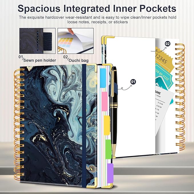 Spiral Journal Notebooks for Work, 300 Pages 5 Subject Notebook College Ruled with Dividers & Tabs, 8''x 10'' Large Notebook Journal for Women Students Note-Taking and Organizer (Navy Marble)