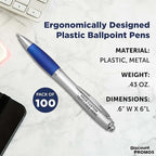 DISCOUNT PROMOS Personalized Ballpoint Pens With Rubber Grip, 100 pack Customizable Ergonomic Click-to-Write Custom Writing Pens for School with Black Ink, Blue