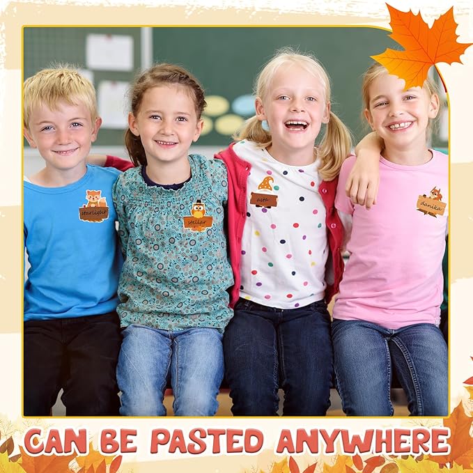 Henoyso 108 Pcs Fall Thanksgiving Themed Name Tags Labels Autumn Classroom Decorations Self Adhesive Baked Food Labels 5.12 x 4.72 Inches Turkey Pumpkin Desk Name Plate Autumn Party Favor