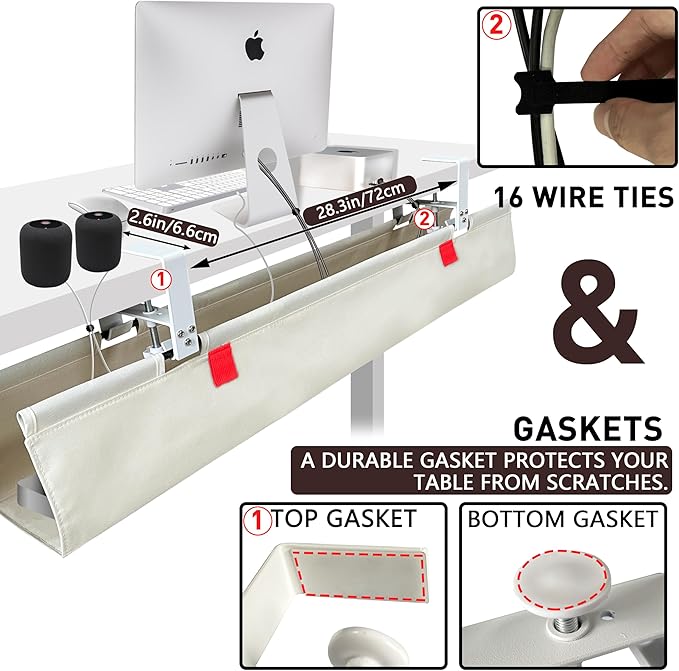 AHOMO [Upgraded] Under Desk Cable Management, 48" Cord Organizer, with Silicone Pads (No Scratch!), 16 Cable Ties, Washable PE Honeycomb Base,Fits Any Desk 0-2.1", No Stinky Cardboard!Beige 48"L x 6"W