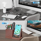 TopMade Wireless Charger with Pen Holder, Multi-functional Desktop Organizer and Storage, Home Office Supplies Desk Accessories, Pencil/Remote Holder with Fast Charging Phone Stand (Brown)
