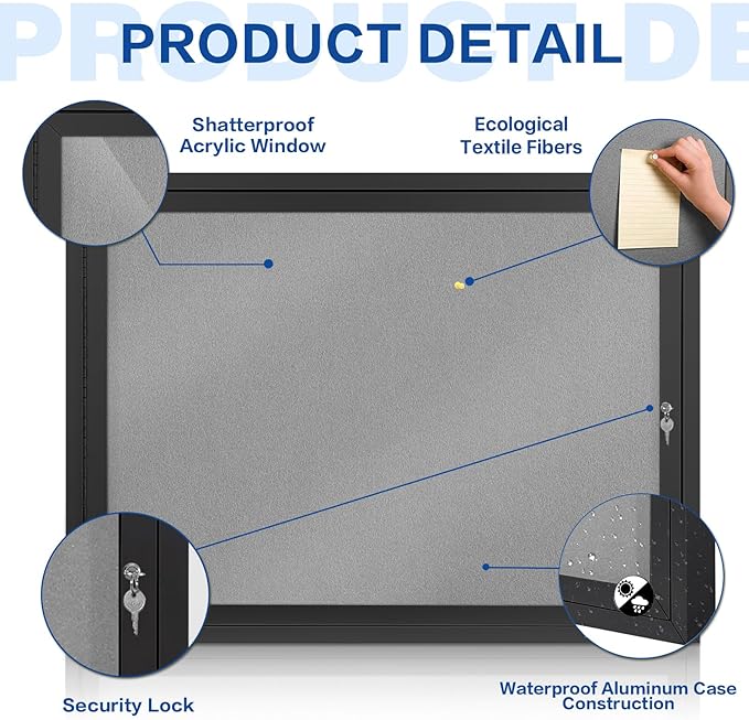 S SWANCROWN Outdoor Bulletin Board Weatherproof 37x28in, Enclosed Bulletin Board Wall Display Case Grey Felt Board for Office School Commerce,Black Aluminum Frame