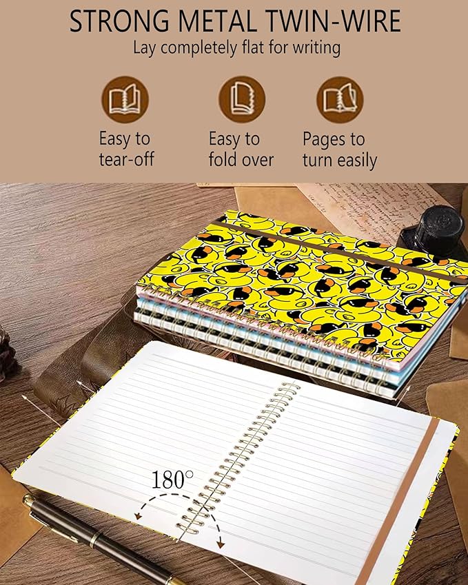 DHGPTS Spiral Journal Notebook, A5 Cute Notebooks for Women Men, College Ruled Hardcover Notebook for Work & Note Taking, 60 Pages Double-Wire Journals for Writing, Cool Yellow Ducks