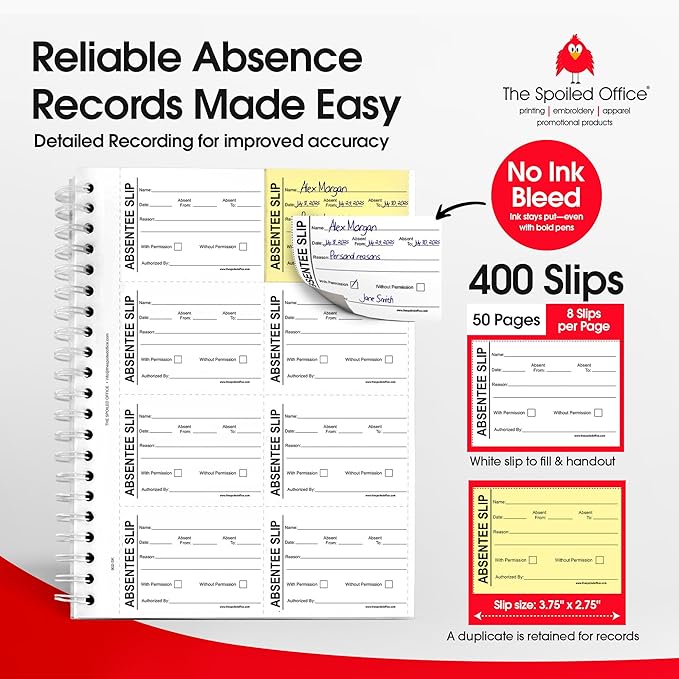 The Spoiled Office Absentee Slip Book with Carbonless Duplicates 400 Pcs - 2 3/4"x3 3/4"- Easy Tracking Log Book for School Carbon Copy, School Supplies, Office Supplies for Desk, Spiral Bound