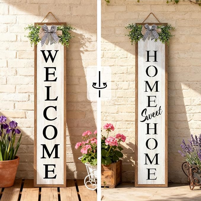 Double-sided Welcome Wooden Sign Stand with Magnetic-adhesive Wreath for Front Door, 47" Vertical Farmhouse Home Sweet Home Porch Sign for Outdoor Patio Garden, 2in1 Large Tall Porch Leaner Decor