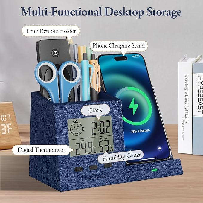 TopMade Wireless Charger with Pen Holder, PU Leather Desk Nightstand Organizer Fast Charging Station, Home Office Supplies Pencil Holder, Digital Thermometer and Humidity Gauge, Gifts for Men(Blue)