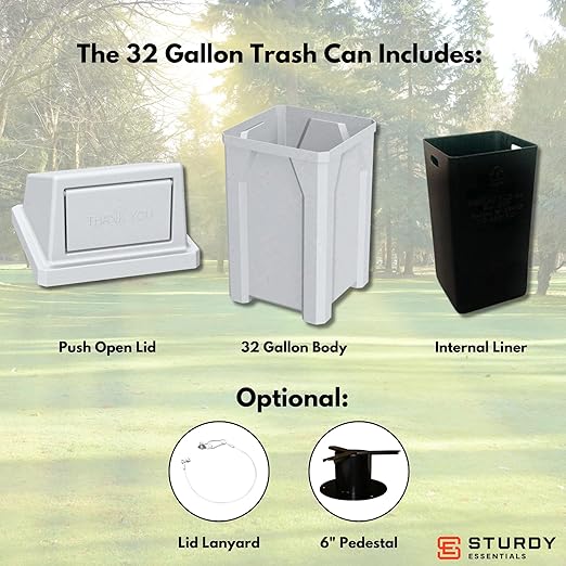 Sturdy Essentials 32 Gallon Square 100% Recycled Plastic Heavy Duty Indoor or Outdoor Commercial Trash Can with Push Lid | Great for Schools and Businesses - Light Granite