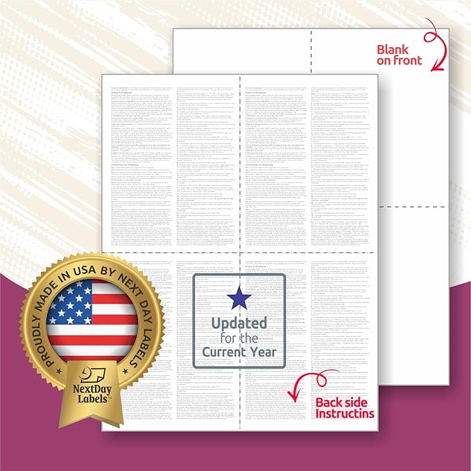 NextDayLabels - W-2 4-Up Employee Tax Forms, Instructions on Back" for 2025, for Laser/Inkjet Printer. Compatible with QuickBooks and Accounting Software ETC. (Pack of 100 Sheets)