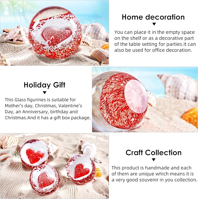 Hand Blown Glass Red Heart Paperweight ball for Birthday Gift,Home Decor Collectible,Office Decor Lovers.