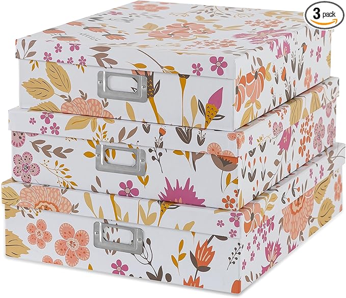Soul & Lane Floral Collage Decorative Cardboard Boxes with Lids, Set of 3 Memory Boxes for Keepsakes and Photos, Letter Storage for Documents, Scrapbooks, Organizing