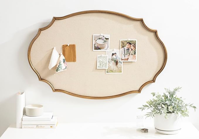 Kate and Laurel Leanna Decorative Scalloped Metal Pinboard; 24 x 36; Gold; Framed Rounded Oval Vintage Bulletin Board for Unique Display; Organization; and Decor