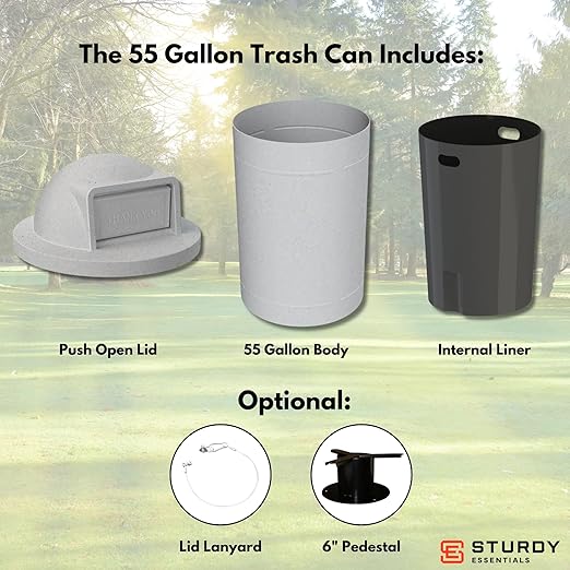 Campus Collection 55 Gallon Round Plastic Heavy Duty Commercial Indoor or Outdoor Trash Can with Push Open Dome Lid and Internal Liner | Great for Schools and Businesses - Light Granite