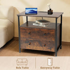 Edbuosy 27 inch Wide Night Stand with Charging Station, Bedside Table with Open Shelf, 2 Drawers Small Wood Dresser, Modern Wood Nightstand for Bedroom/Living Room (Rustic Brown)