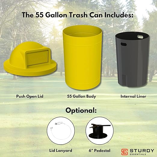 Sturdy Essentials Campus Collection 55 Gallon Round Plastic Heavy Duty Commercial Indoor or Outdoor Trash Can with Push Open Dome Lid and Internal Liner | Great for Schools and Businesses - Yellow