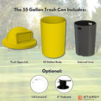 Sturdy Essentials Campus Collection 55 Gallon Round Plastic Heavy Duty Commercial Indoor or Outdoor Trash Can with Push Open Dome Lid and Internal Liner | Great for Schools and Businesses - Yellow