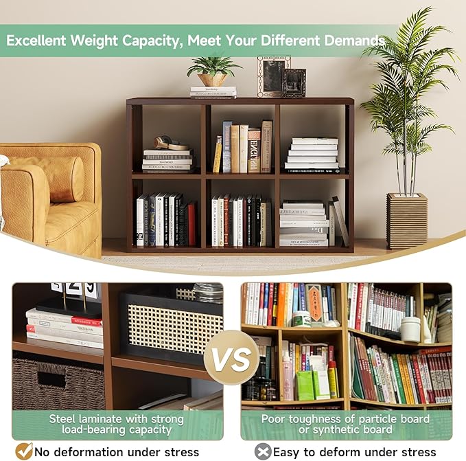IRONMIX Metal 6 Cube Storage Organizer with Shelves, Modern Short Bookshelf with Storage, 2 Tier Horizontal Bookshelf Cube Shelf, Small TV Stand with Cabinet for Home Office Library(Dark Wooden, 1037)