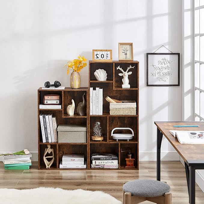 VECELO Wide Bookshelf Set, Fits 9.3" × 10-12.8" Hardcovers, Cube Storage Bookcases, Free-Standing for Living Room, Bedroom, Home Office, 3/4-Tier, 2-Pack, Brown