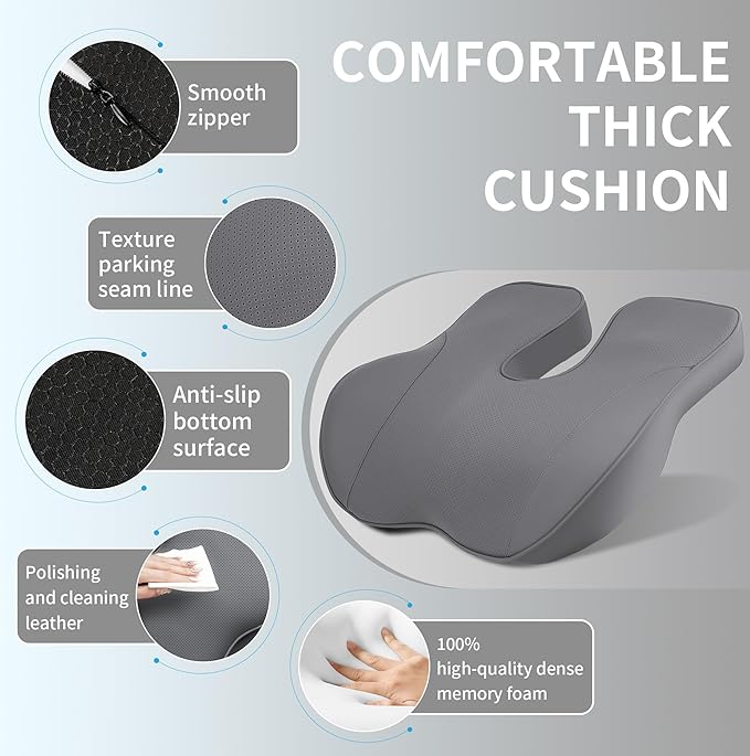 EARJIA Memory Foam Seat Cushion for Office Chair Seat Cushions for Long Sitting Tailbone Pain Relief Anti-Slip Bottom & Removable Leather Cover for Car Gaming Work