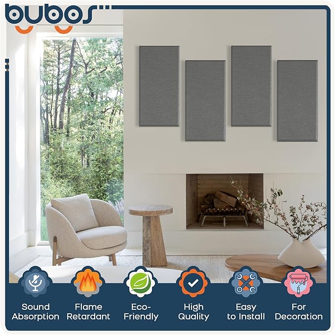 BUBOS 4 PCS Acoustic Panels,23.6''x11.8'' Fabric Soundproof Wall Panels,Self-adhesive Sound Absorbing Panels for Studios, Office, Home Theater,Fabric-Clad Grey