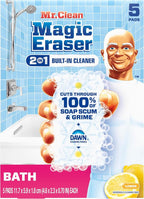 Mr. Clean Magic Eraser Sponge, Bathroom Cleaner, Shower Cleaner, Tub Cleaner, Soap Scum Remover, Bathroom Cleaning Supplies, Dawn Cleaning Power with Lemon Scent, 2 in 1 Bath, 5ct