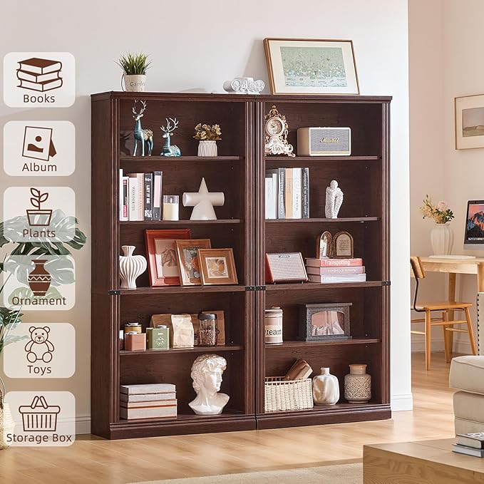 RWYHG 70" Walnut Tall Bookshelf Set of 2,5-Tier Thick Wooden Book Shelf with Adjustable Shelves,Free Standing Farmhouse Bookcase with Open Display Storage,Floor Vintage Bookshelves for Living Room