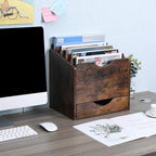 PAG Wood Desktop File Holder Organizer Mail Sorter with Drawer, for File Folders, Mails, Envelopes, Mailing Supplies or Magazines, 6 Compartments, Antique Brown