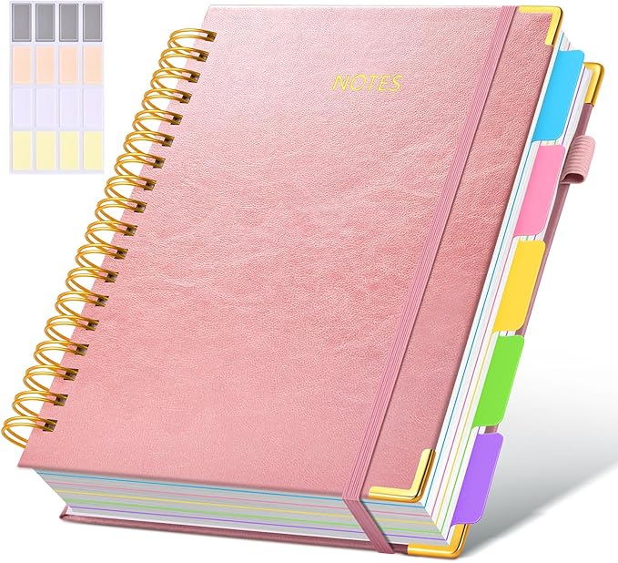 Hardcover Spiral Notebook Journal with Removable Dividers Tabs, 300 Pages Leather 5 Subject Notebook College Ruled, 8"x10" Large B5 Notebooks for Work School, Lined Journal for Women, Rose gold
