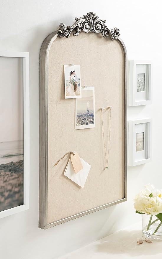 Kate and Laurel Arendahl Arch Pinboard; Silver; 19 x 31; Framed Arched Ornate Vintage Pinboard for Unique Display; Organization; and Decor Options