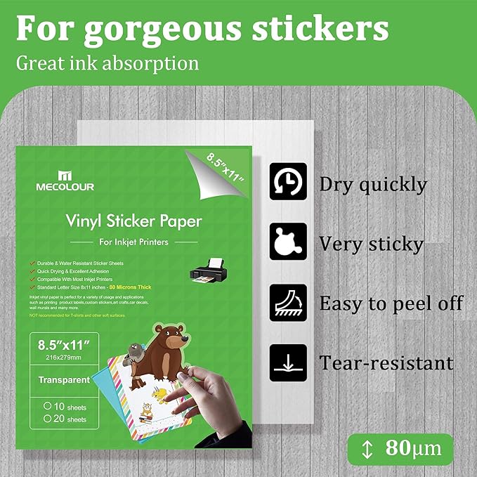 MECOLOUR Clear Sticker Paper Printable Vinyl for Inkjet Printer-100 Sheets Transparent Sticker Paper