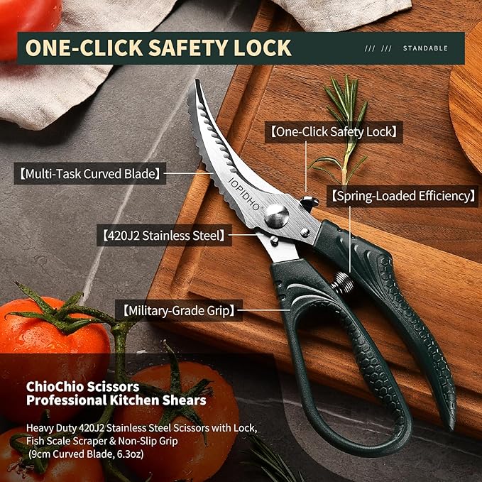 IOPIDHO Heavy Duty Poultry Shears, Kitchen Shears with Non-Slip Handle & Safety Lock, All Purpose Kitchen Scissors for Chicken, Meat Cutting, Turkey, Fish, Vegetables, Spring Loaded, Dishwasher Safe