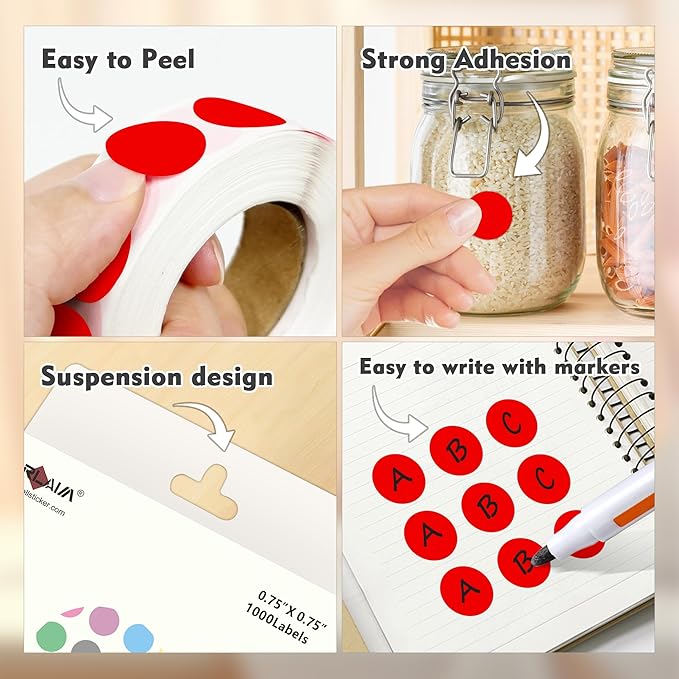 PARLAIM 3/4 Inch Roll Color Coding Labels,4000 per/4 Rolls Round Adhesive Color Coding Circle Dot Stickers for Office Home (Red)