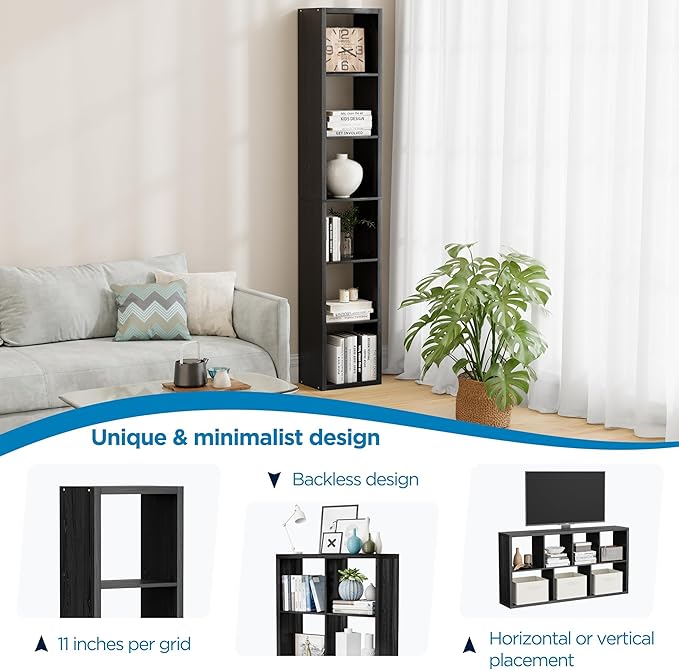 Jpiziso 6 Cube Storage Organizer Single Row, Cube Shelf with Heavy-Duty Thick Boards, 13.31" L x 9.37" W x 72.36" H, Smooth Easy-Clean Panels, Simple Assembly, for Living Room Bedroom Office, Black