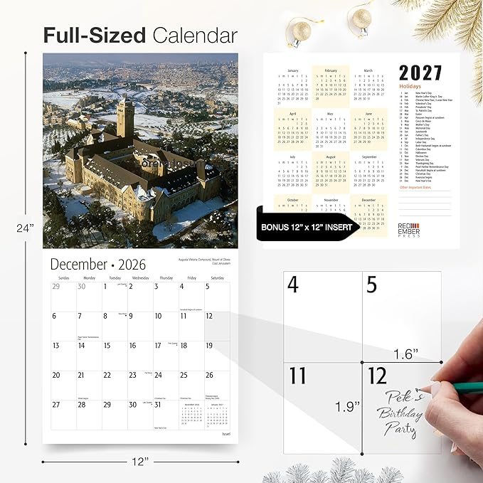RED EMBER Israel 2026 Wall Calendar 12 Month | 12" x 24" Open | Thick & Sturdy Paper | Holiday Gift | Travel Calendar 2026