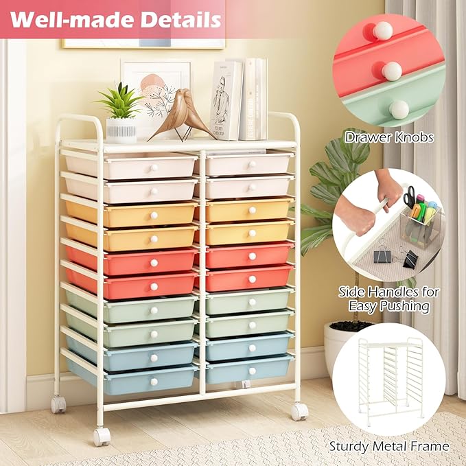 Happygrill 20-Drawer Organizer Cart Tools, Mobile Utility Storage Cart with Removable Drawers & Lockable Wheels, Rolling Storage Cart with wheels for Home Office School (Macaron)