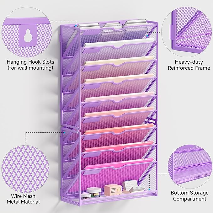 Lavatino Hanging Wall File Folders Organizer - 10-Tier Purple Metal Mesh Paper Magazine Document Mail Holder File Organizer for Office School Home Wall Mount or Desk Supplies Organization