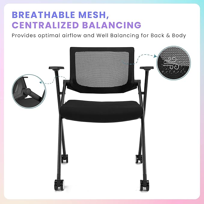 40 Pack Chairs Stackable Conference Room Chairs with Wheels and Paddle, Ergonomic Mesh Back and Arms for Home Office Desk Folding Chairs (20 Boxes)
